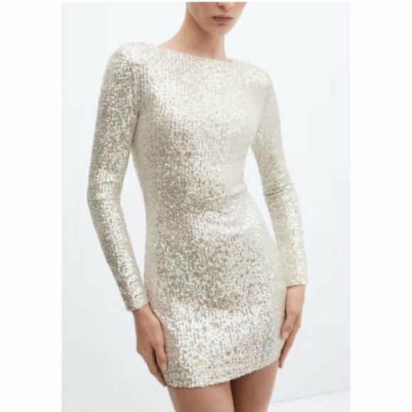Mango Champagne Sequin Shoulder Pad Mini Dress Women Size 8 NWT Cocktail - Picture 1 of 7